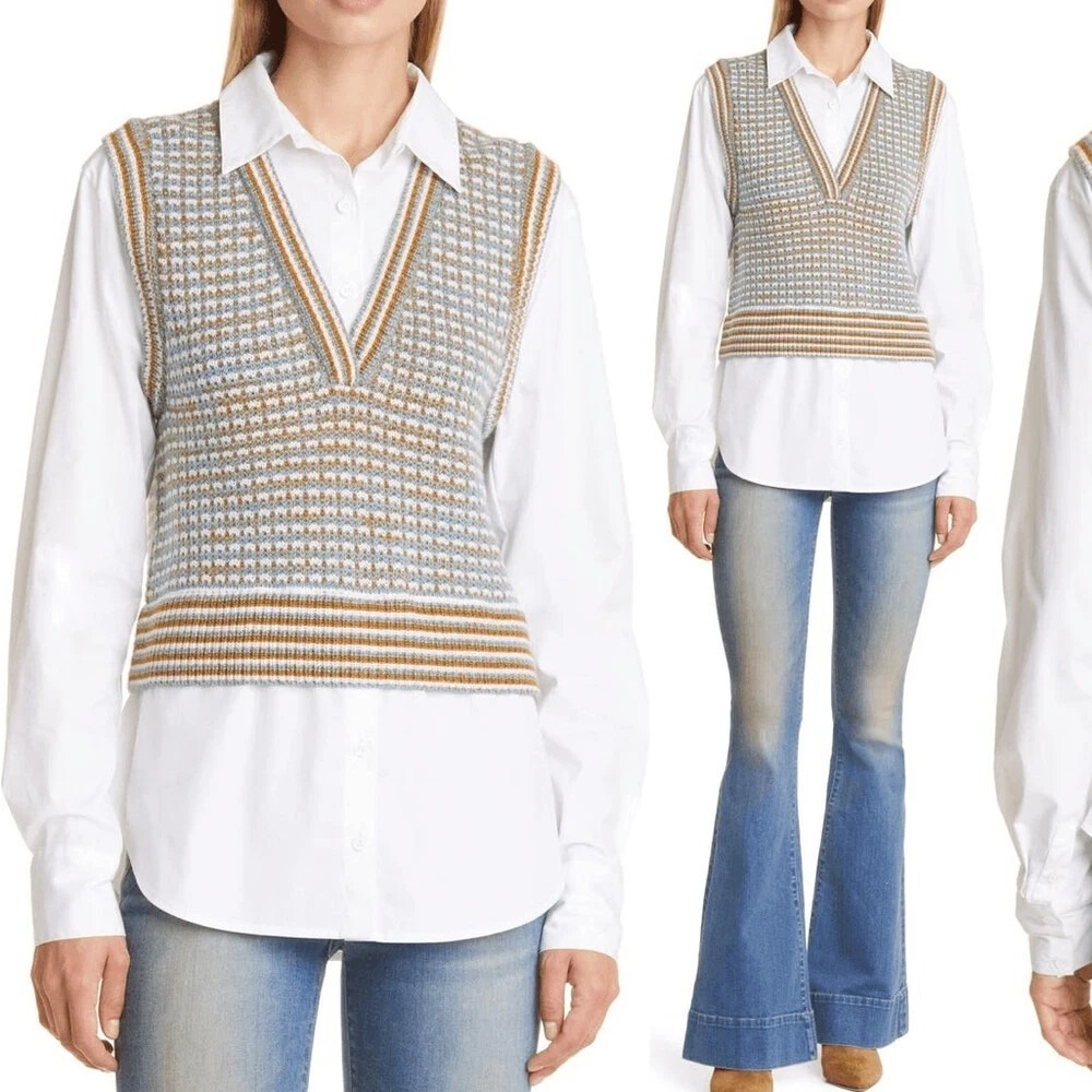 VERONICA‎ BEARD Serwa Mixed Media White Shirt Sweater Vest Size Small Preppy 90s